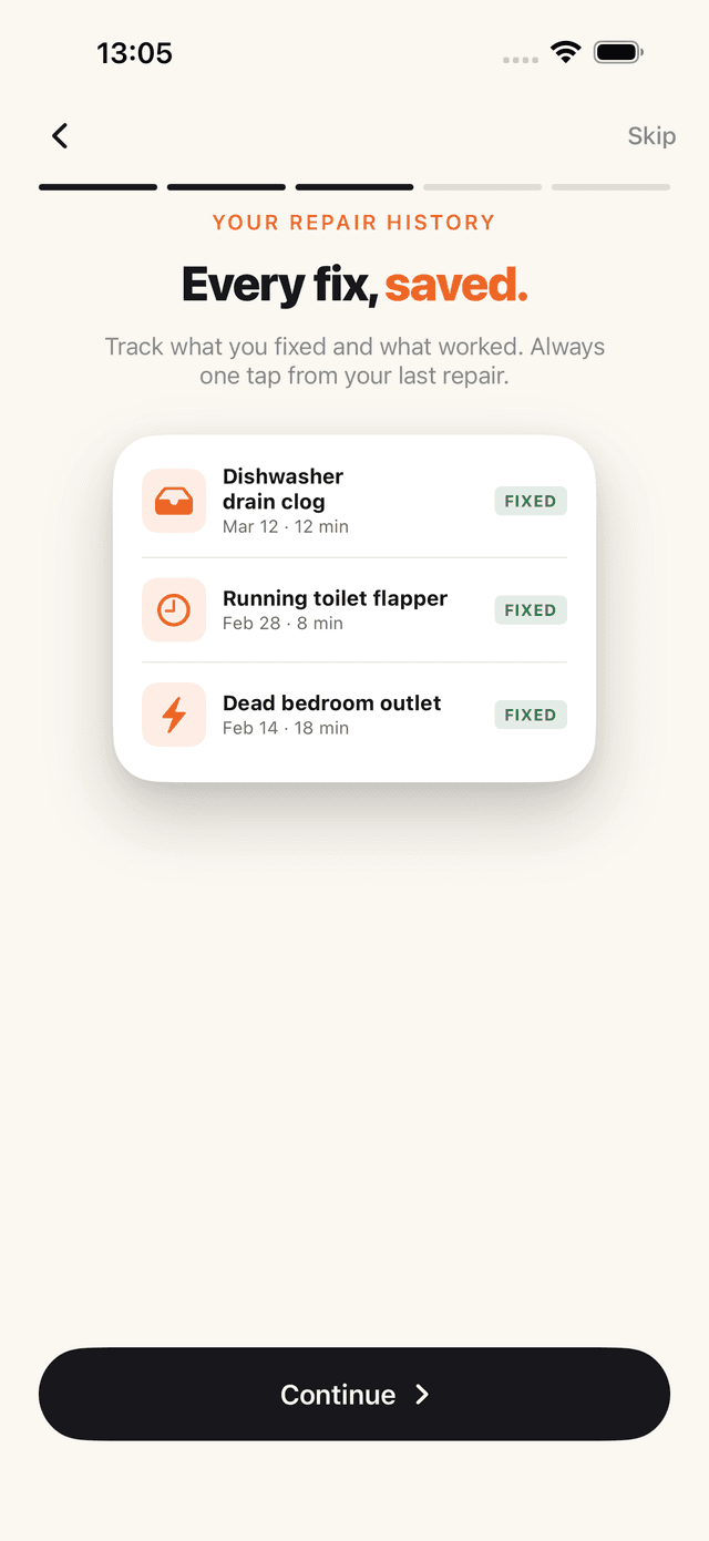 Repair Mate history list — past repairs with time and outcome