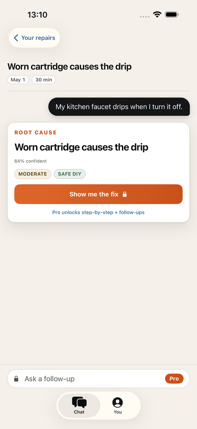 Repair Mate verdict card with cause, severity tier, and DIY recommendation